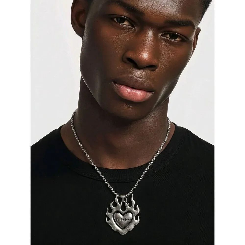 Men’s Burning Love Rotating Heart Pendant Necklace Stainless Steel 24" Jewelry